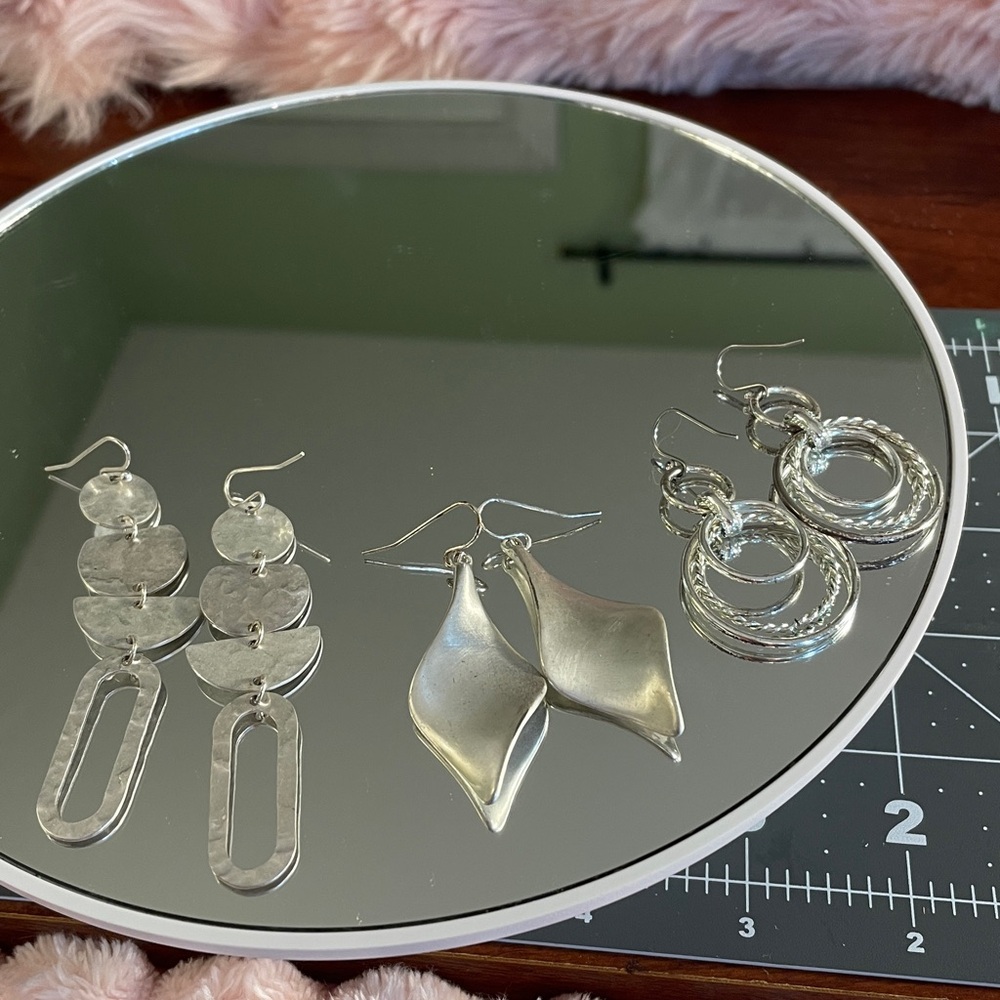 Silver Dangle Earring Set of 3 (hammered, brushed, and shiny)